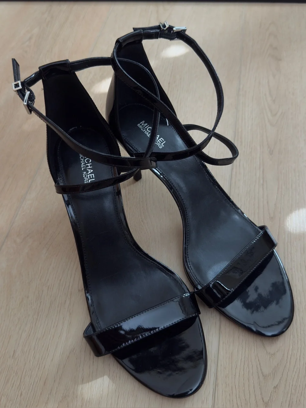 MICHAEL Michael Kors Ava Mid Patent Leather Strappy Sandal Black Size 10